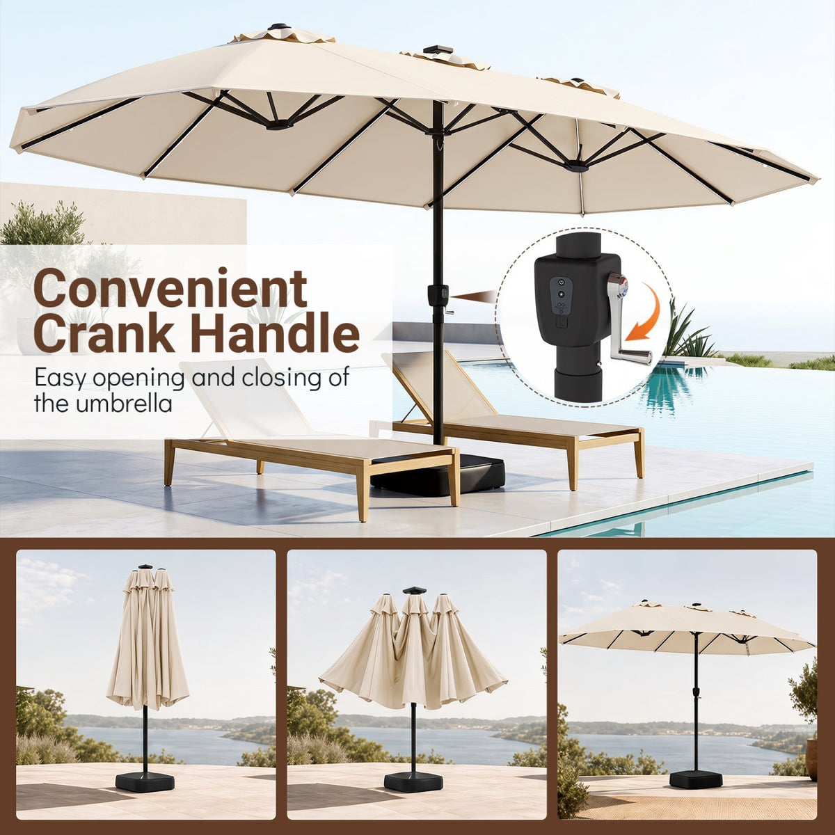 15.5 ft Patio Umbrella with Solar LED Lights and Base